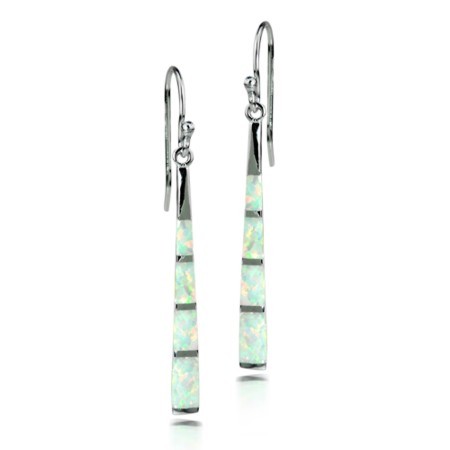 White Opal Inlay Tapered Stick Dangle Earrings - Click Image to Close